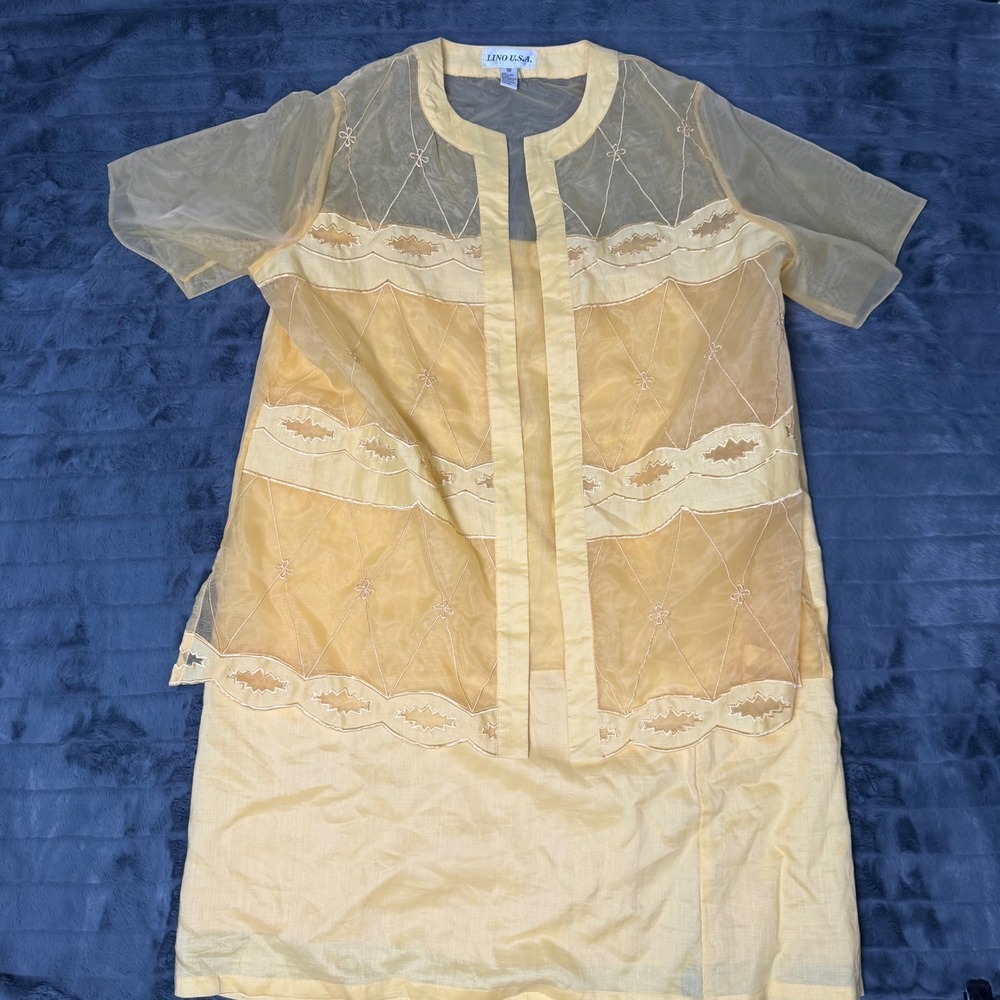Lino USA Womens 3X Yellow Linen 3 Piece Skirt Suit Set Embroidered Sheer Jacket